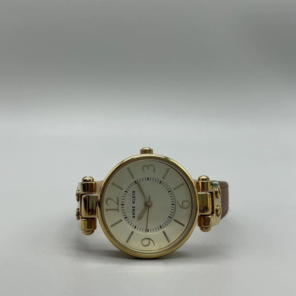 Anne Klein Womens Watch 26mm Gold Tone Champagne Dial Brown Leather New Battery